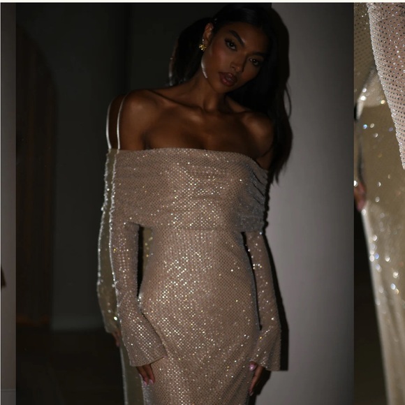 MESHKI Marcel Off Shoulder Diamante Maxi Dress - Nude (retail $185) in S - Picture 3 of 13